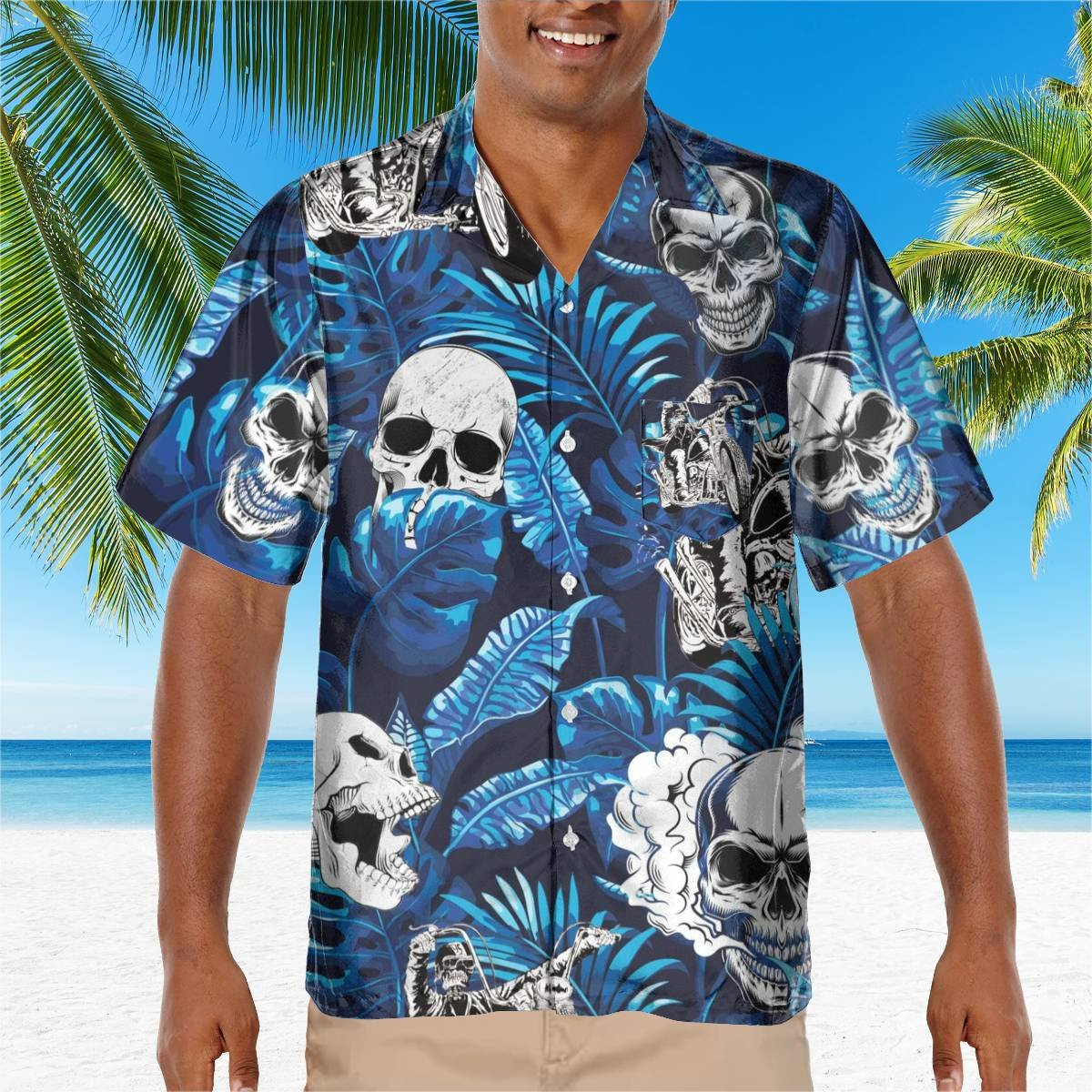 hippieartzone - BLUE SKULL MOTORCYCLES TROPICAL HAWAII SHIRT.