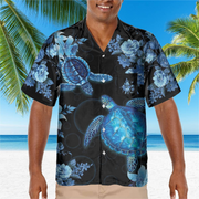 hippieartzone - BLUE TURTLE FLOWER TROPICAL HAWAII SHIRT.