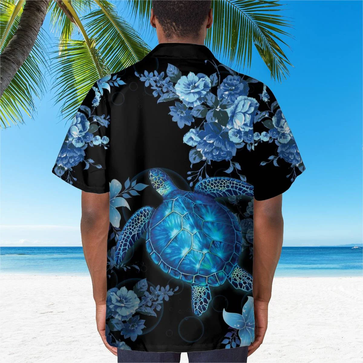hippieartzone - BLUE TURTLE FLOWER TROPICAL HAWAII SHIRT.