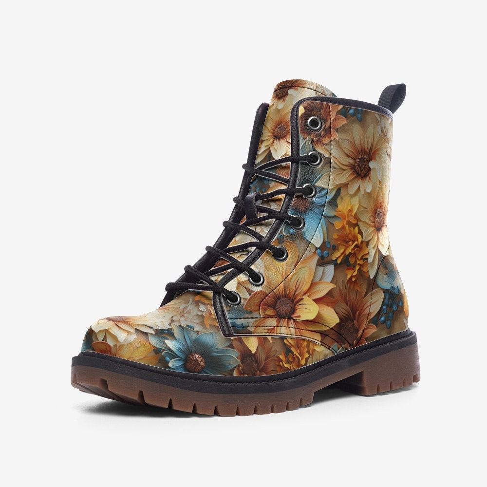 Hippie Art Zone - Orange Floral Casual Faux Leather Lightweight Boots