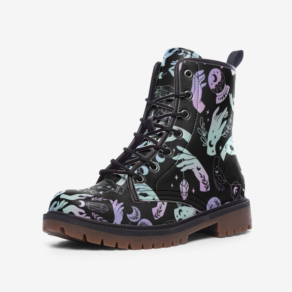 Hippie Art Zone - Pastel Witch Moon Vegan Leather Combat Boots