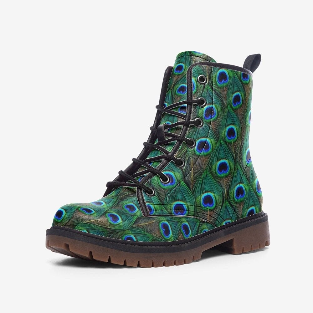 Hippie Art Zone - Peacock Feathers Vegan Leather Boots Gorgeous Bright Blues And Greens