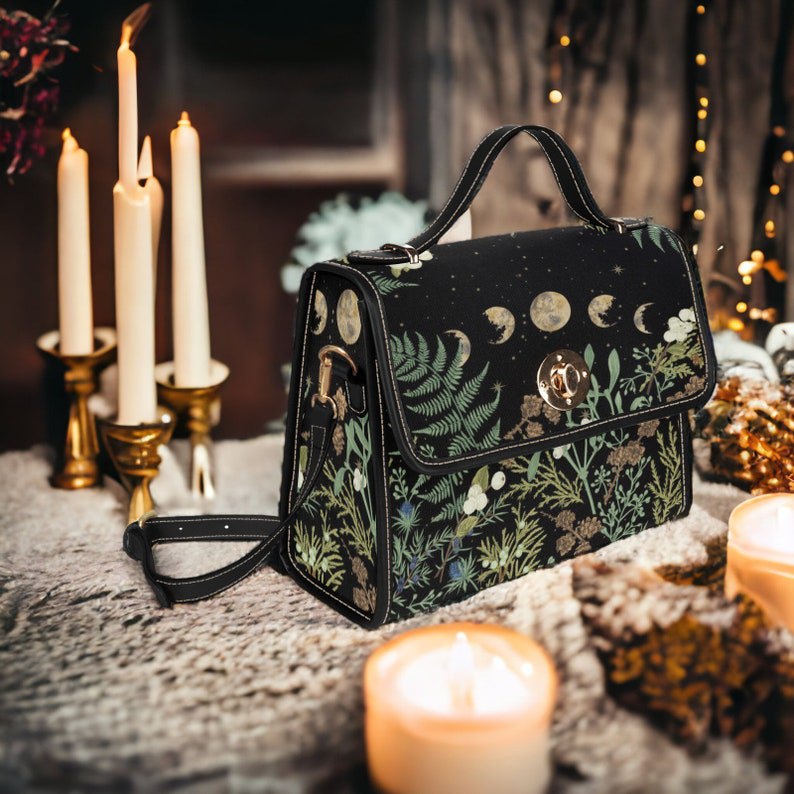 Cottagecore Pine Forest Green Witch Satchel Handbag For Boho Hippie
