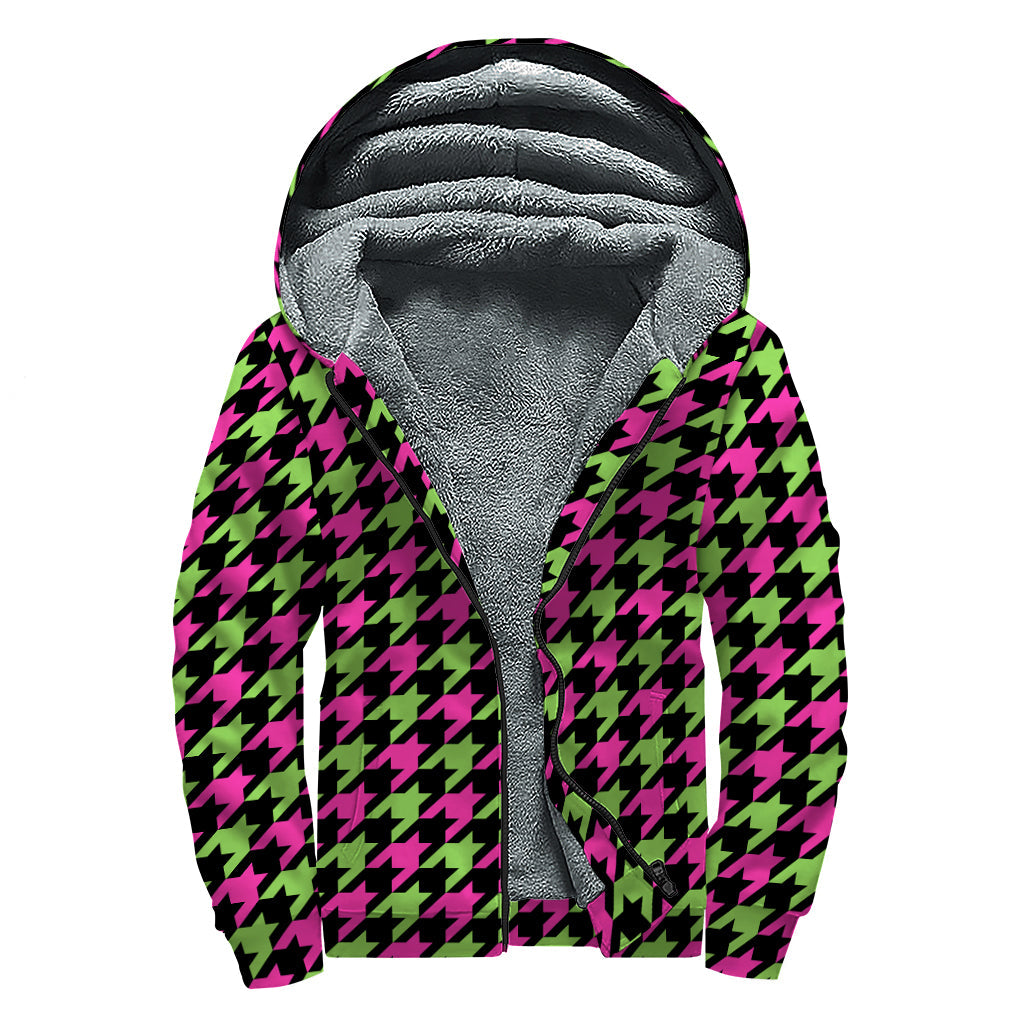 Pink And Green Houndstooth Pattern Print Sherpa Lined Zip Up Hoodie For Boho Hippie Autism