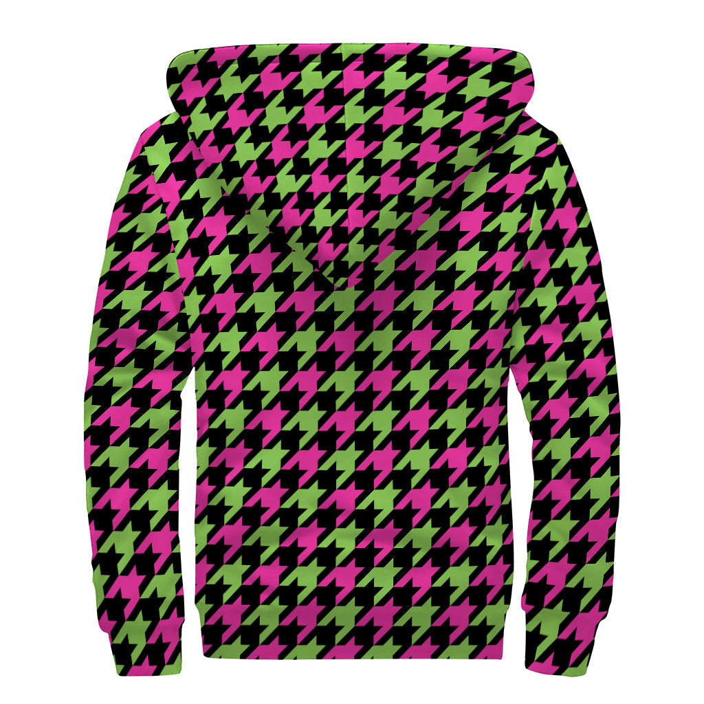 Pink And Green Houndstooth Pattern Print Sherpa Lined Zip Up Hoodie For Boho Hippie Autism