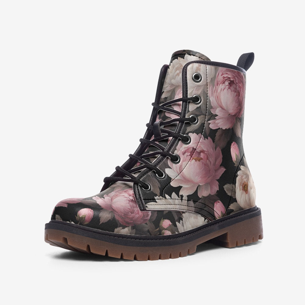 Hippie Art Zone - Pink Peony Casual Leather Lightweight Boots