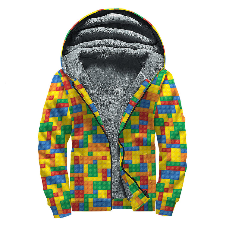 Plastic Building Blocks Pattern Print Sherpa Lined Zip Up Hoodie For Boho Hippie Autism