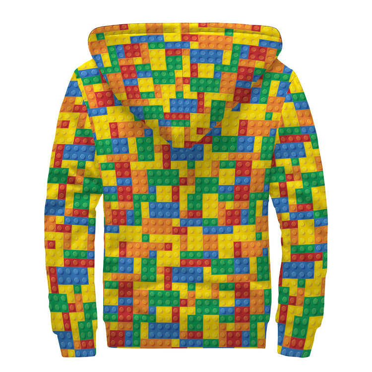 Plastic Building Blocks Pattern Print Sherpa Lined Zip Up Hoodie For Boho Hippie Autism