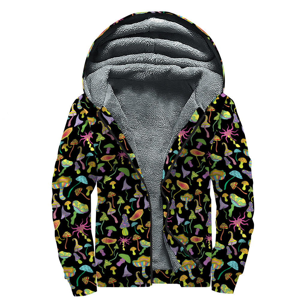 Psychedelic Mushroom Pattern Print Sherpa Lined Zip Up Hoodie For Boho Hippie Autism