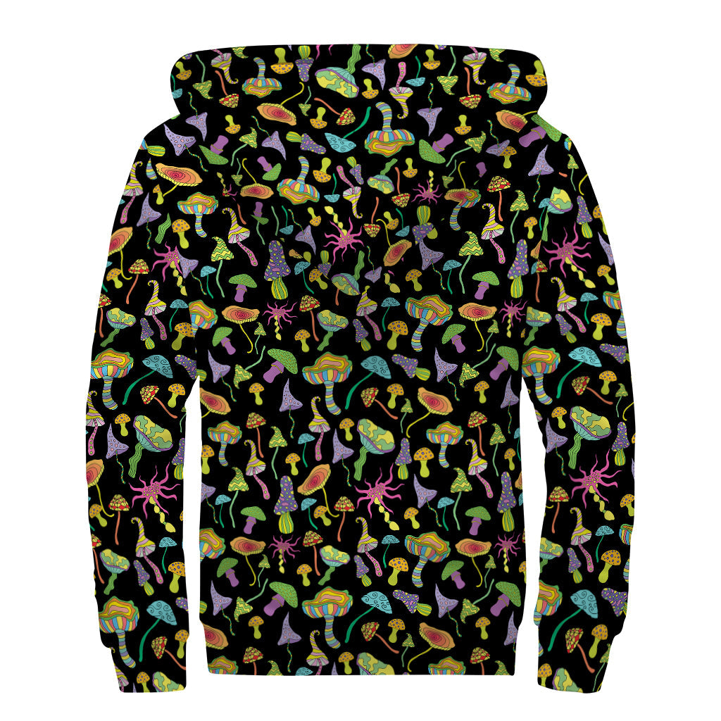 Psychedelic Mushroom Pattern Print Sherpa Lined Zip Up Hoodie For Boho Hippie Autism