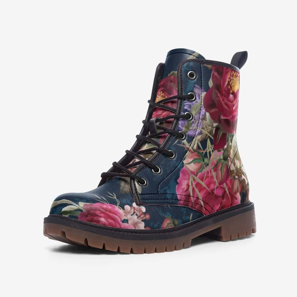 Hippie Art Zone - Red And Blue Floral Print Vegan Leather Boots