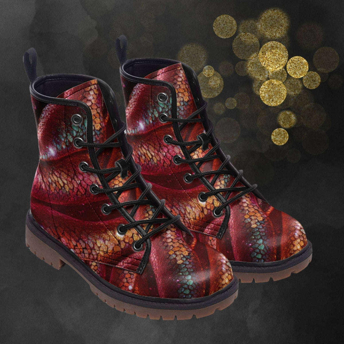 Hippie Art Zone - Red Gold Dragon skin Combat Boots For Hippies