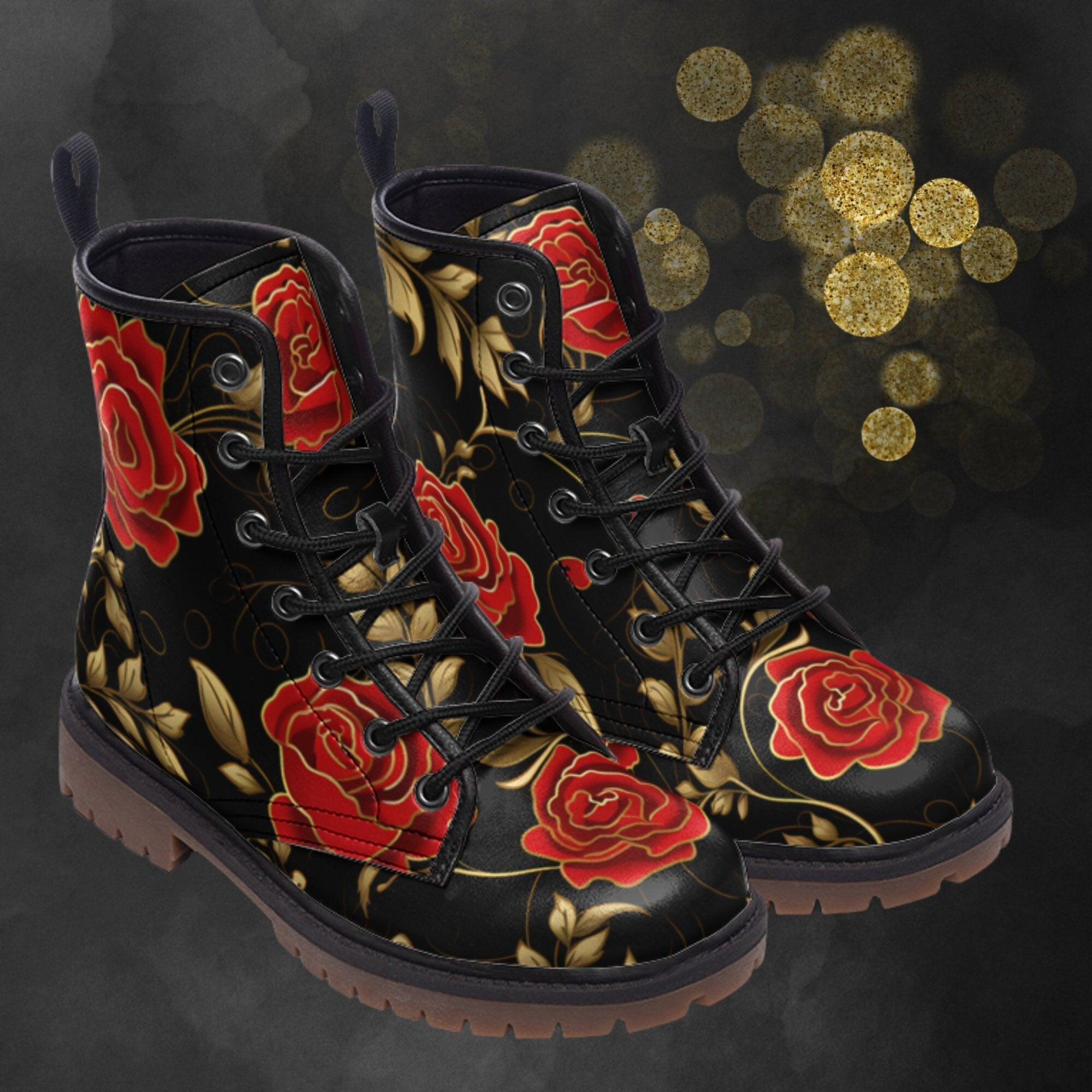 Hippie Art Zone - Red Roses & Golden Leafs Painted Shoes