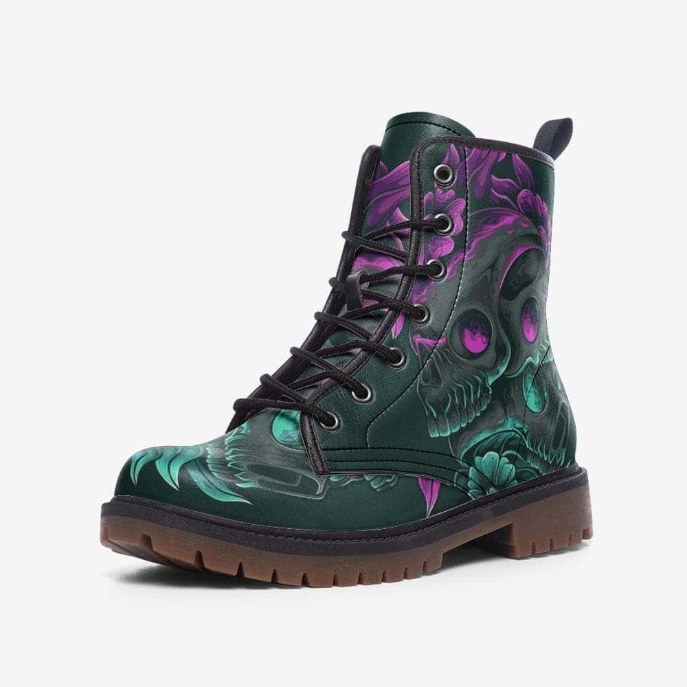 Hippie Art Zone - Skulls And Flowers Vegan Leather Combat Boots