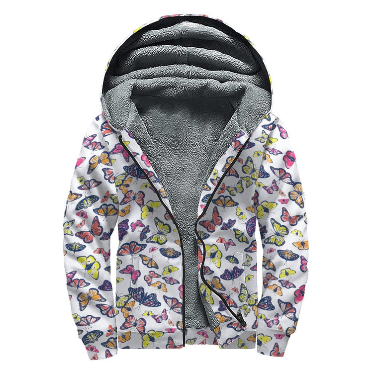 Spring Butterfly Pattern Print Sherpa Lined Zip Up Hoodie For Boho Hippie