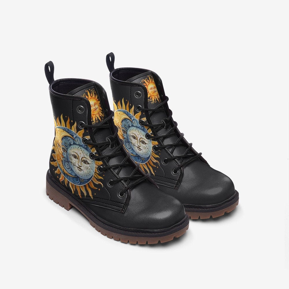 Hippie Art Zone - Sun And Moon Boots | Unisex Casual Vegan Leather Leather Lightweight Boots