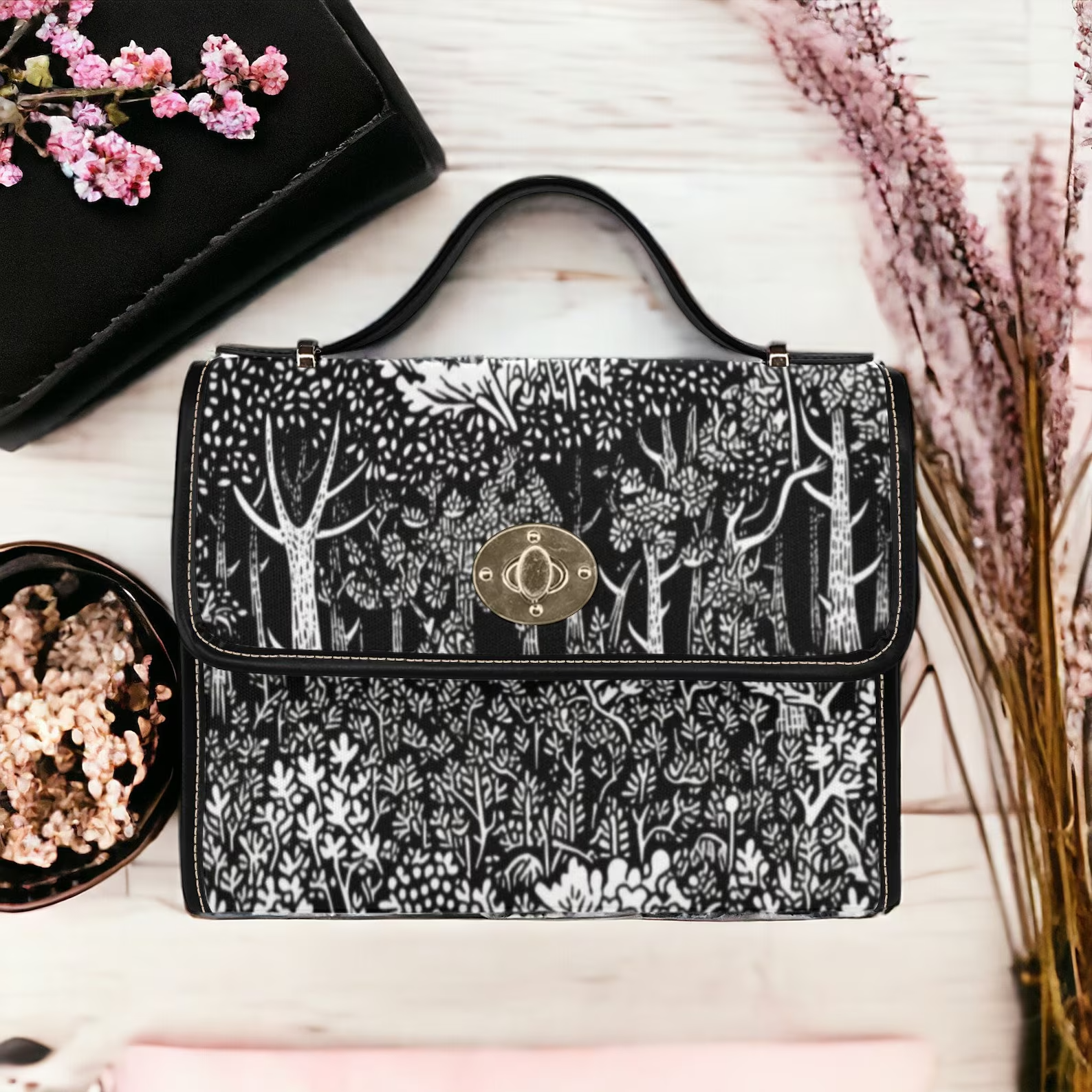 Cottagecore Black White Linocut Print Witchy Satchel Bag For Boho Hippie