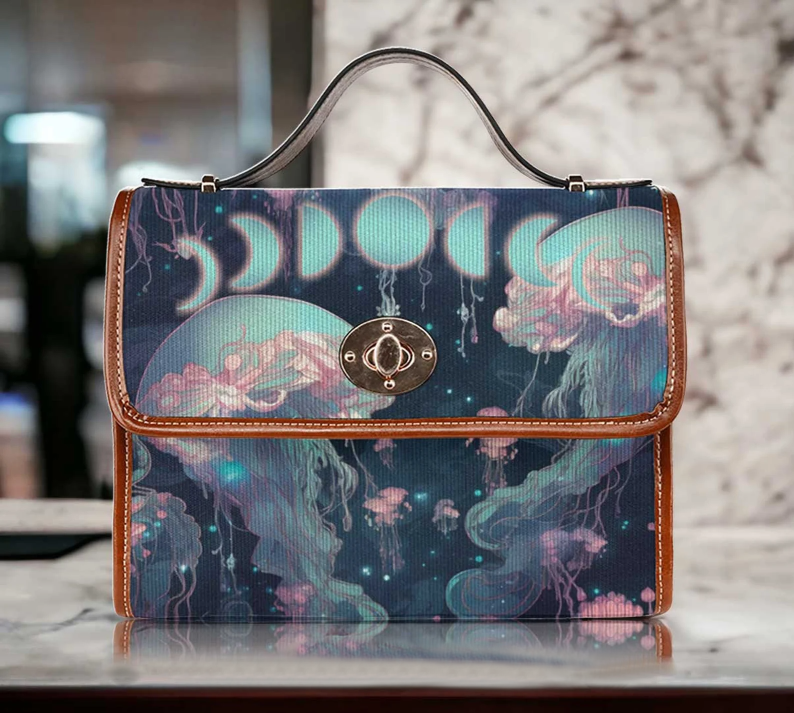 Witchy Neon Blue Whimsical Jellyfish Satchel Handbag For Boho Hippie