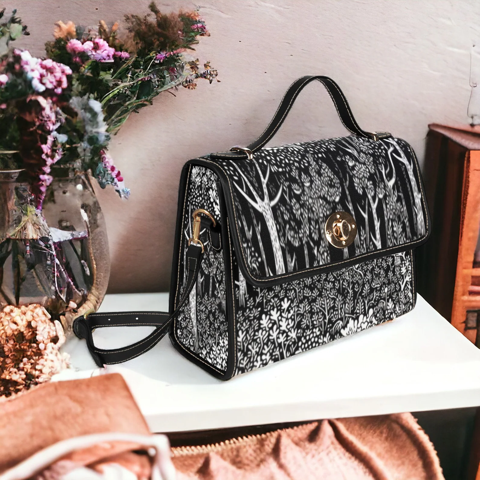 Cottagecore Black White Linocut Print Witchy Satchel Bag For Boho Hippie
