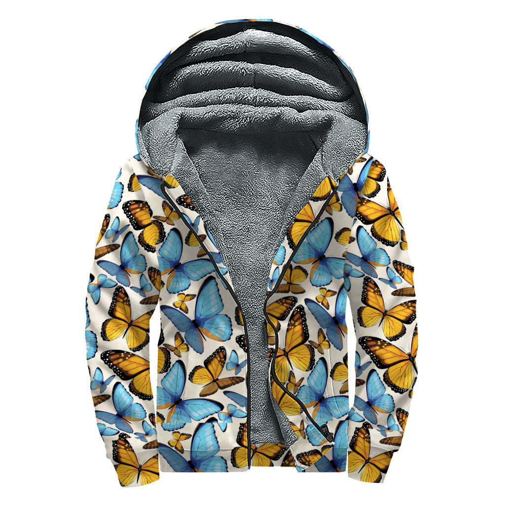 Turquoise And Orange Butterfly Print Sherpa Lined Zip Up Hoodie For Boho Hippie