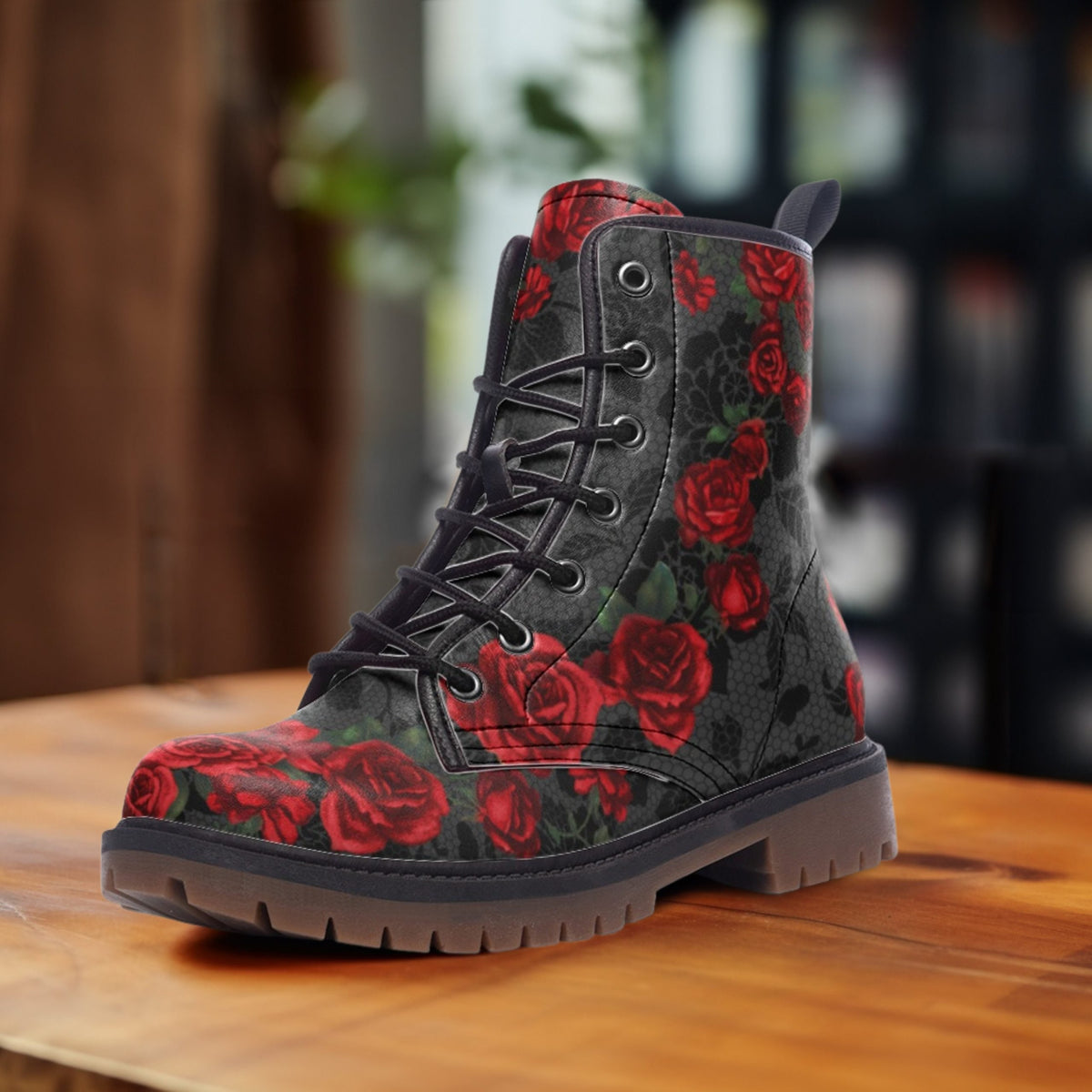 Hippie Art Zone - Vintage Roses Casual Boots, Vegan Leather Lightweight Boots, Red Roses