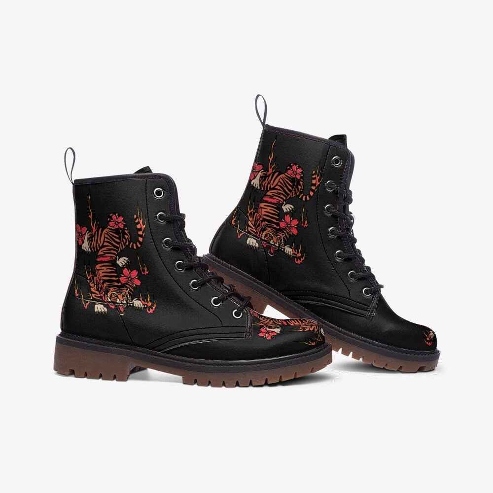 Hippie Art Zone - Warrior Tiger Vegan Leather Boots ??Wide Fit, Padded Collar, Lace-up, Faux Leather, Rubber Sole