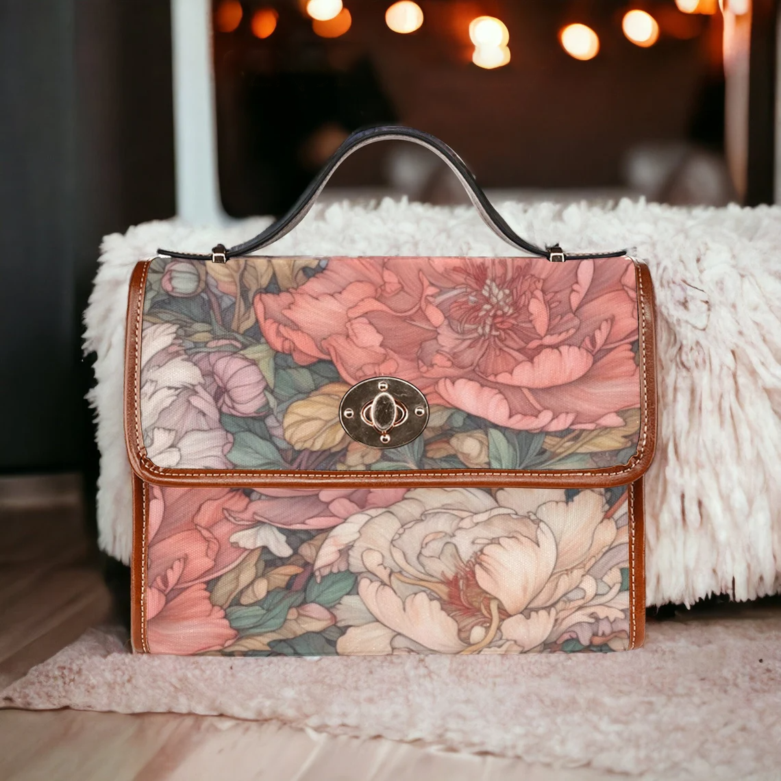 Cottagecore Boho Pink Coral Peony Floral Art Canvas Satchel Handbag For Boho Hippie