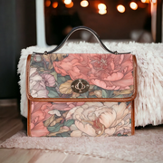 Cottagecore Boho Pink Coral Peony Floral Art Canvas Satchel Handbag For Boho Hippie