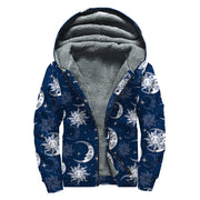 White And Blue Celestial Pattern Print Sherpa Lined Zip Up Hoodie For Boho Hippie