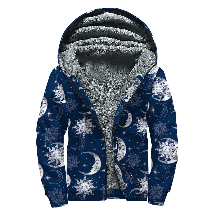 White And Blue Celestial Pattern Print Sherpa Lined Zip Up Hoodie For Boho Hippie