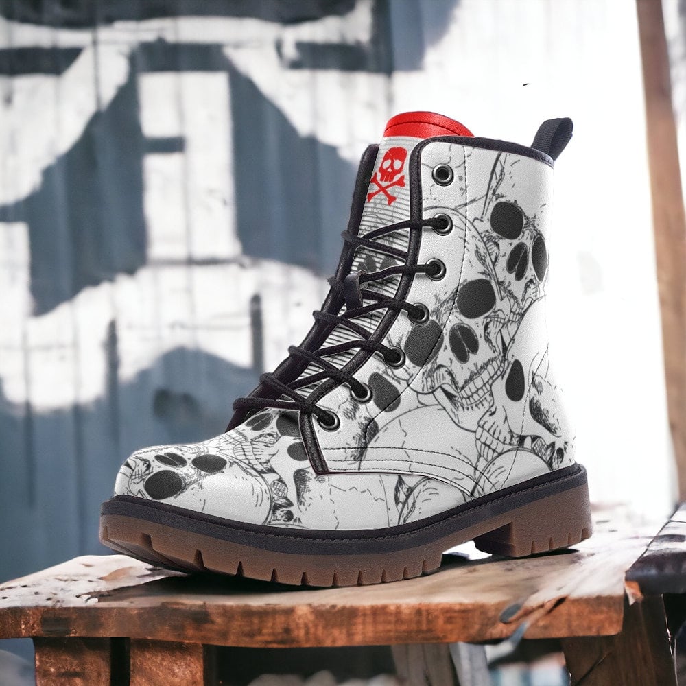 Hippie Art Zone - White Skull Gothic Punk And Combat Boots