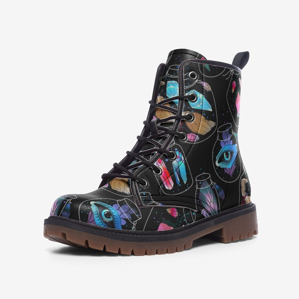 Hippie Art Zone - Witchy Crystal Potions Vegan Leather Combat Boots