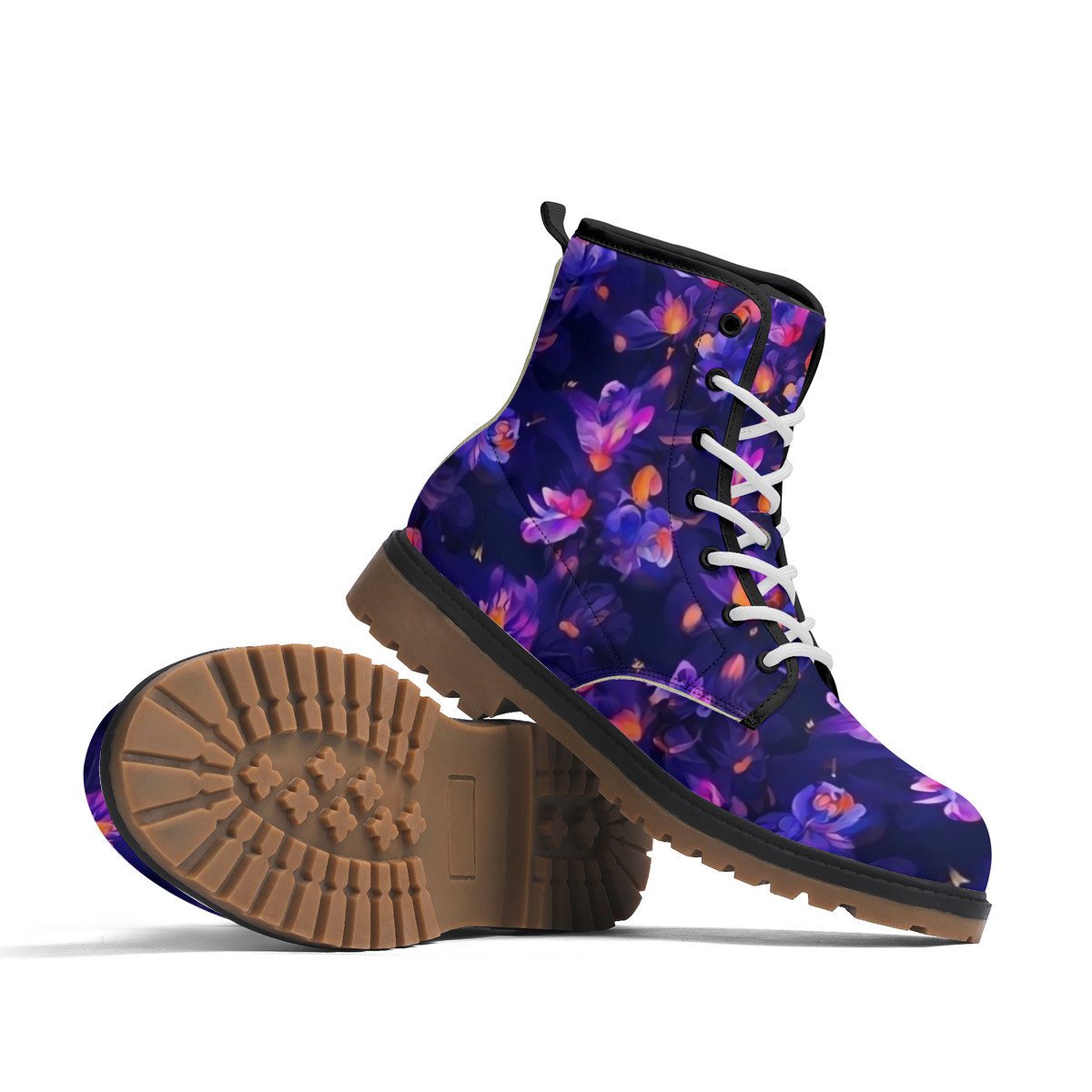 hippieartzone Boots - Women's Combat Boots In Vegetable Leather, Flower Boots, Festival Boots, Rave Boots, Punk Boots,